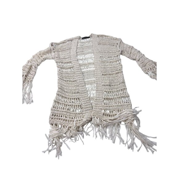 Crochet Open Front Fringe Cardigan Sweater By Kiwitucker S 100% Cotton Beige Lig - Picture 6 of 12